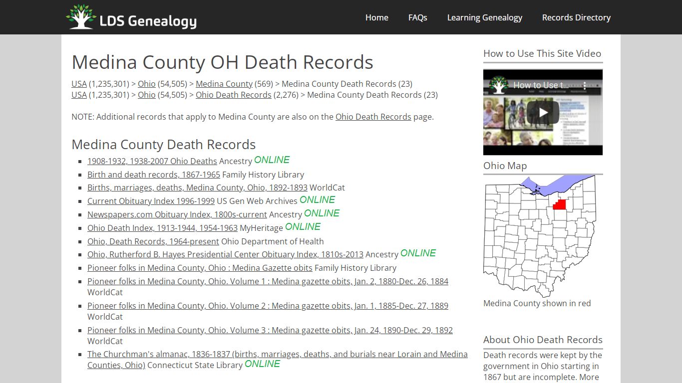 Medina County OH Death Records - LDS Genealogy