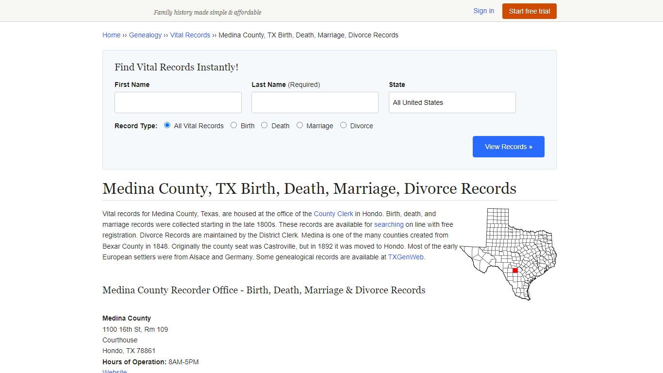 Medina County, TX Birth, Death, Marriage, Divorce Records